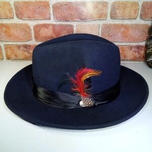 DenZel Godfather Classic Wool Fedora Homburg Hat Feather Accent Satin Interior